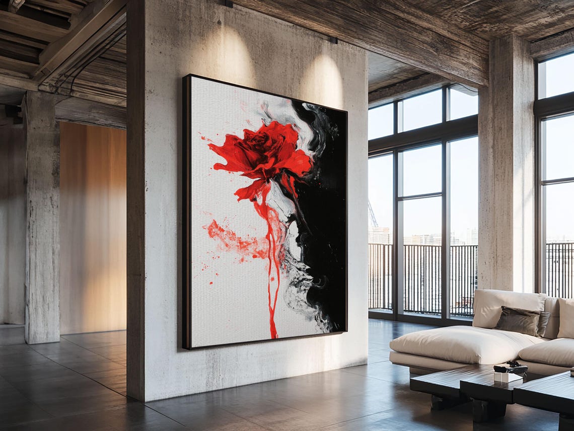 Dramatic Melting Red Rose Duality Abstract Black White Art Print - Image 2