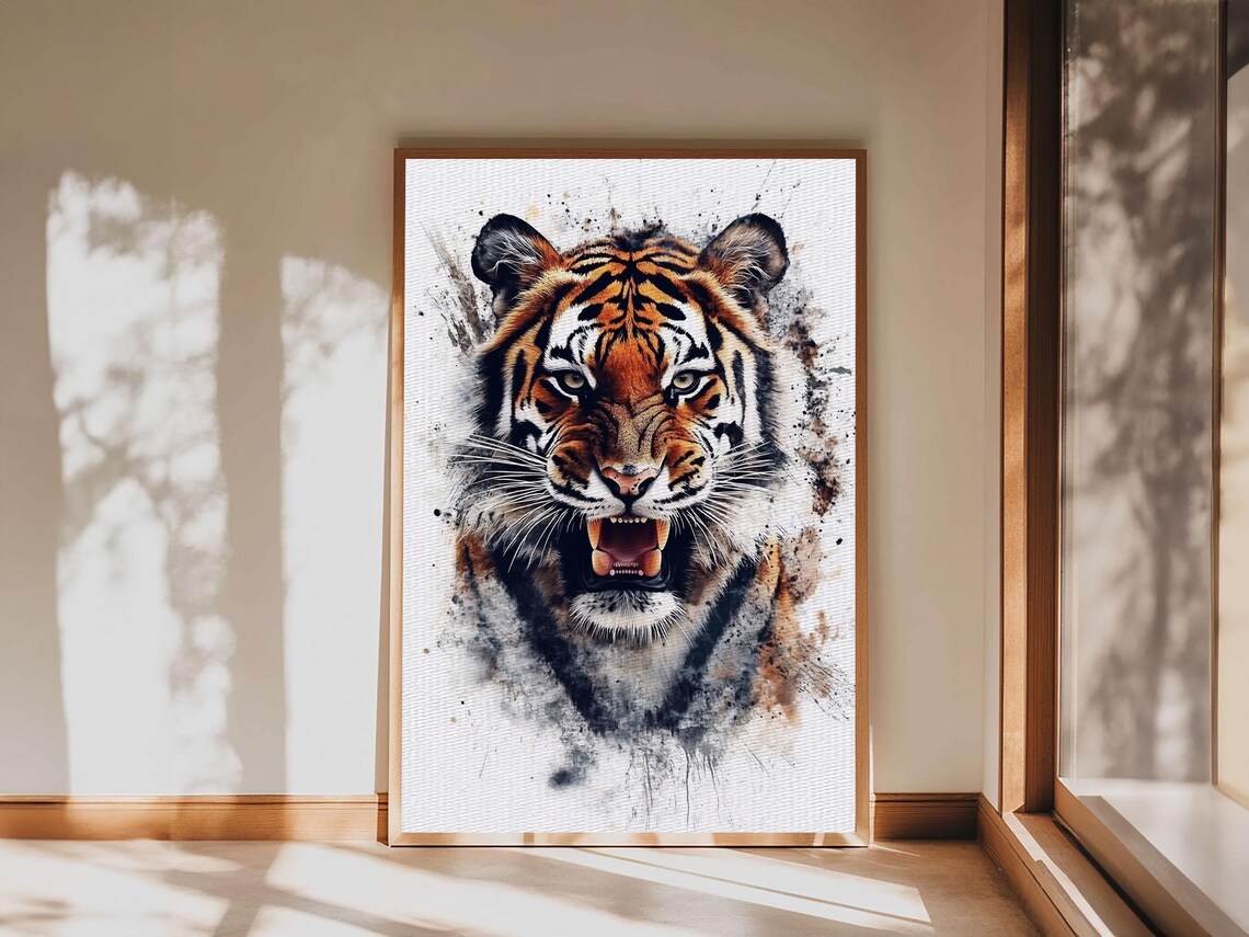 Tiger Portrait Snarling Wild Watercolor Splash Big Cat Jungle Art Poster - Image 4