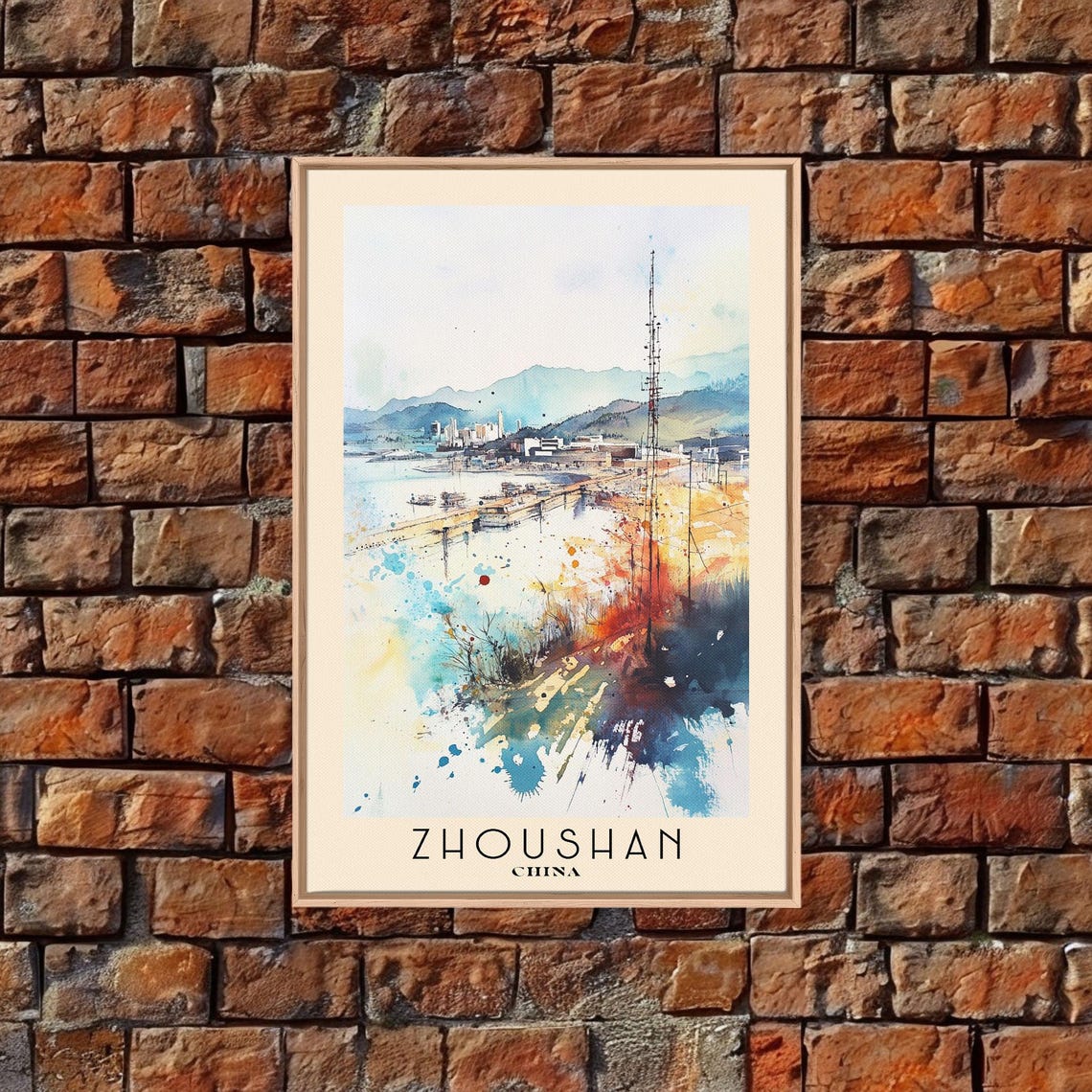 Zhoushan China Watercolor Harbor Mountain Bay View Travel Poster - Image 5