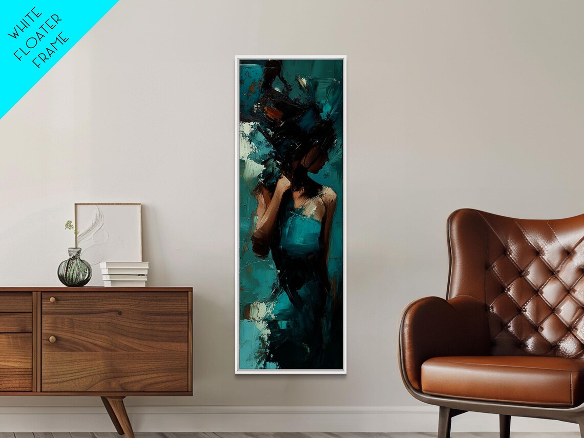 Moody Teal Woman Portrait Tall Vertical Abstract Brushstroke Art Poster - Image 5