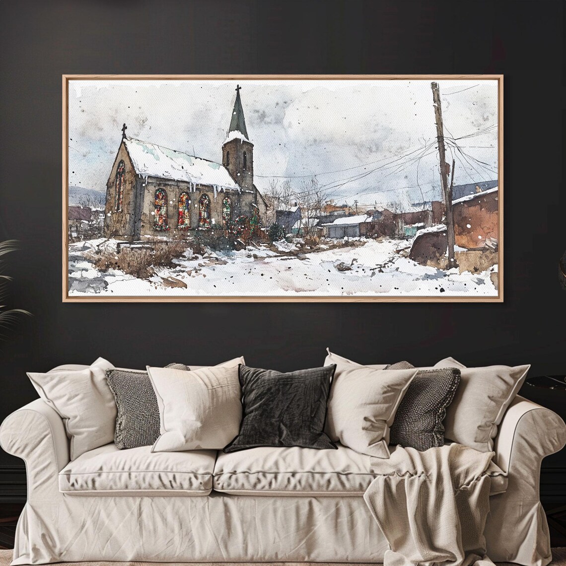 Snowy Old Stone Village Church Stained Glass Winter Art Print - Image 2