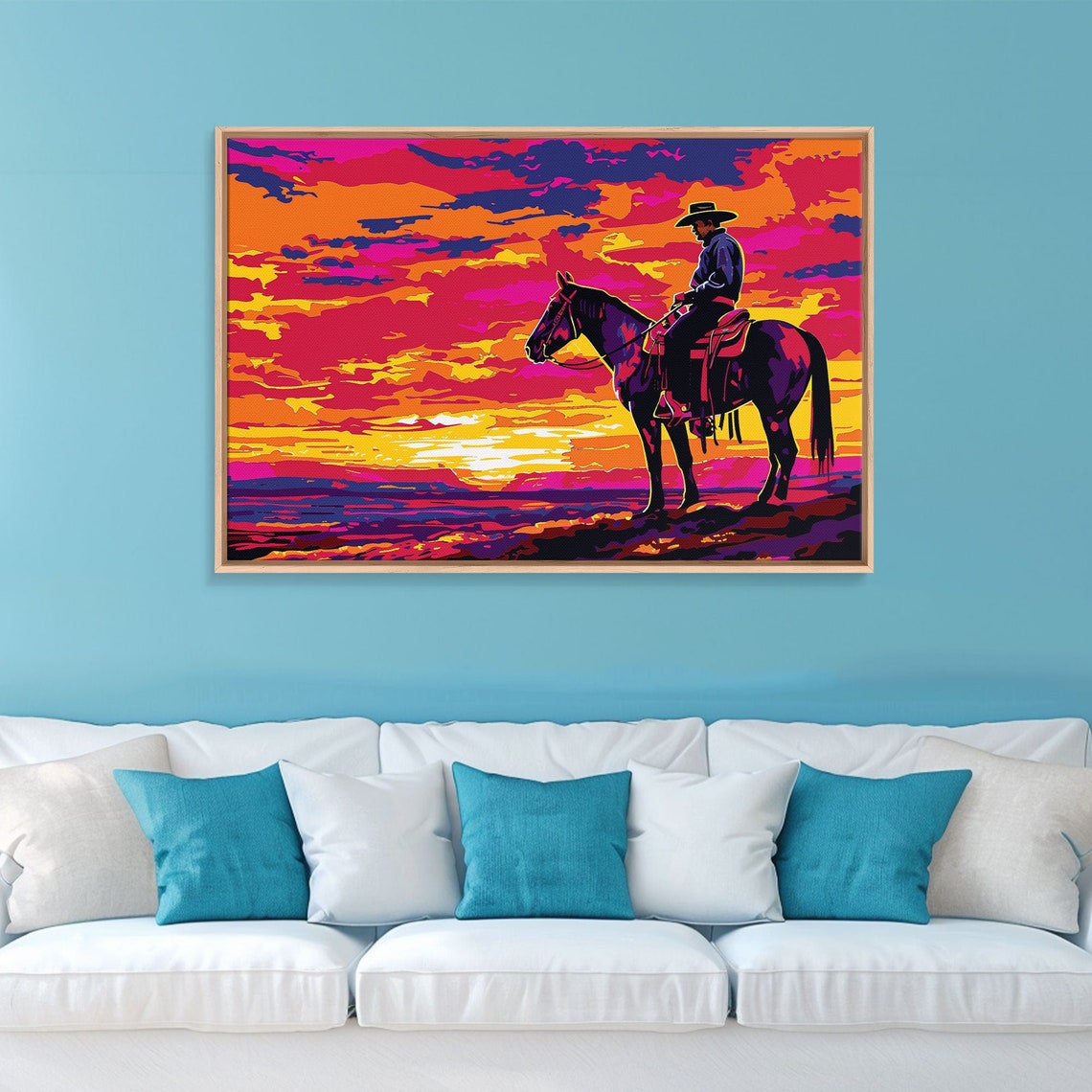 Wild West Cowboy on Horseback Neon Sunset Pop Art Western Wall Poster