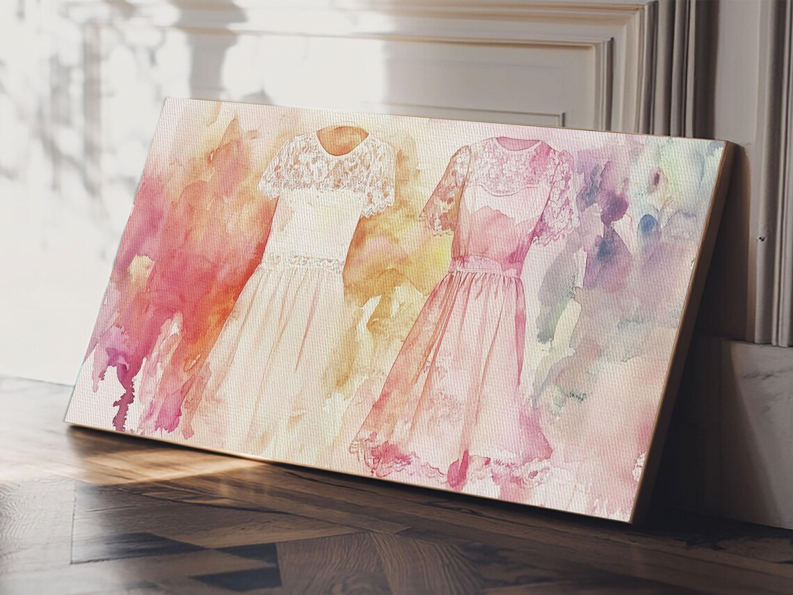 Pink Lace Dresses Watercolor Wide Horizontal Fashion Illustration Wall Art - Image 6