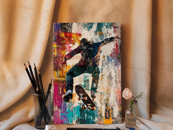 Urban Skater Print With Graffiti Wall Art And Street Style Design Perfect For Modern Chicano Art Inspired Decor