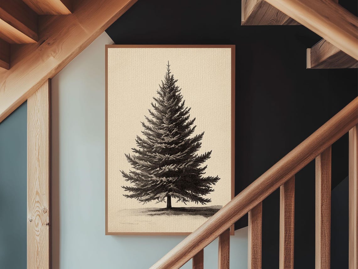 Pine Christmas Tree Pencil Sketch Minimalist Black White Wall Poster