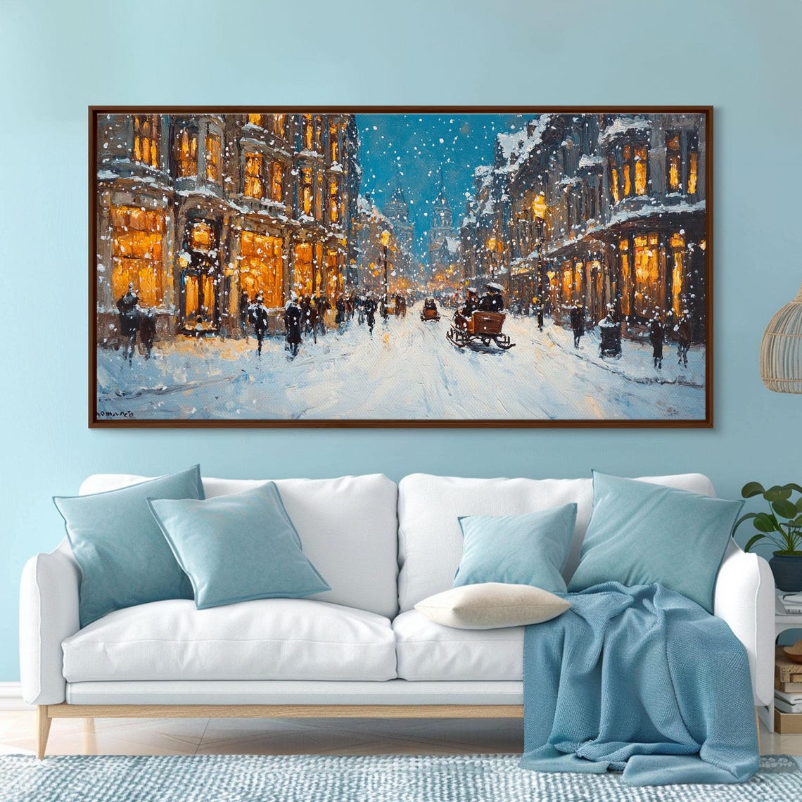 Large Framed Print Winter Wonderland Snowy City Street Art With Horse Carriage Perfect Christmas Home Decor Holiday Wall Art