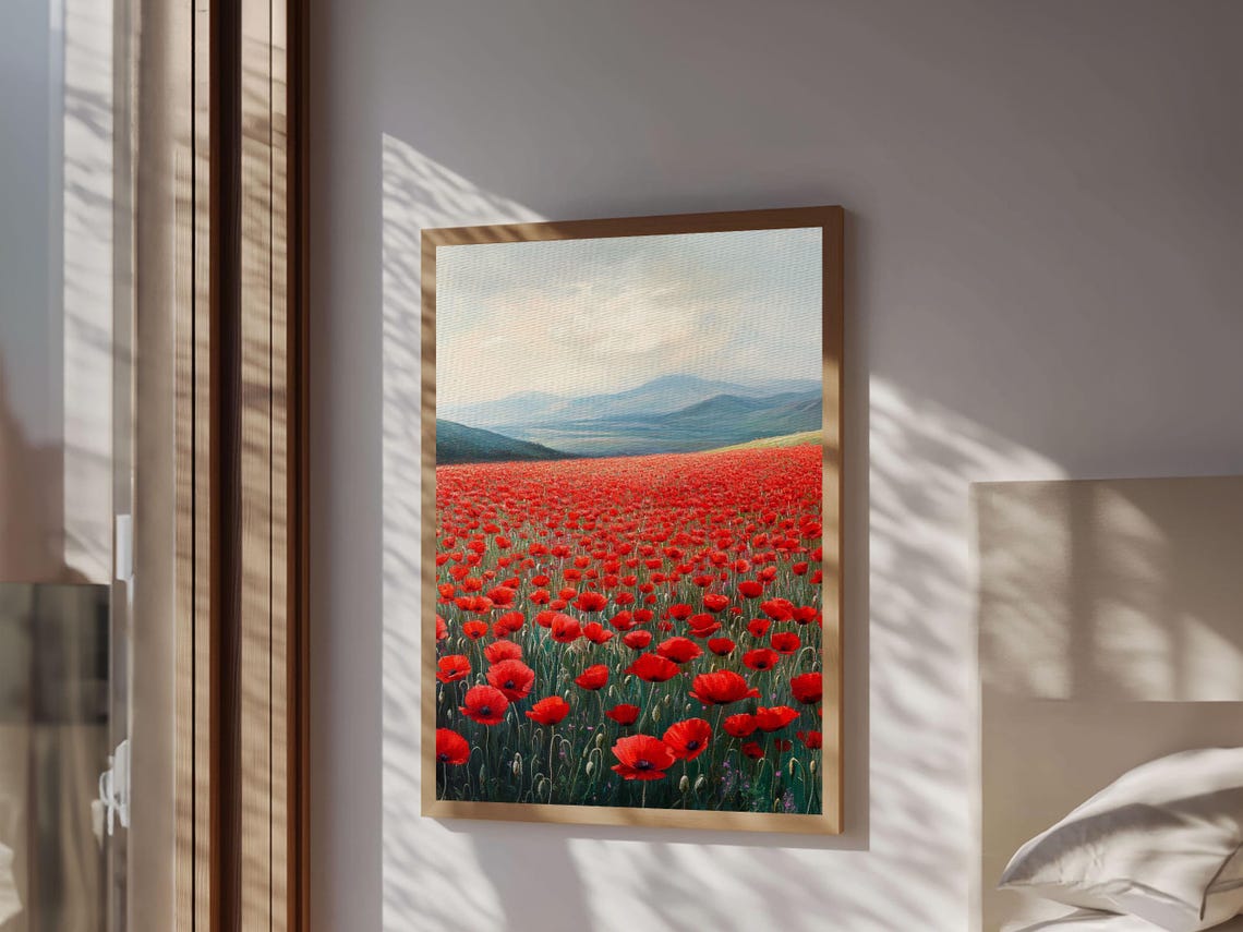 Red Poppy Field Blue Mountains Vast Bloom Rustic Landscape Art Poster - Image 2