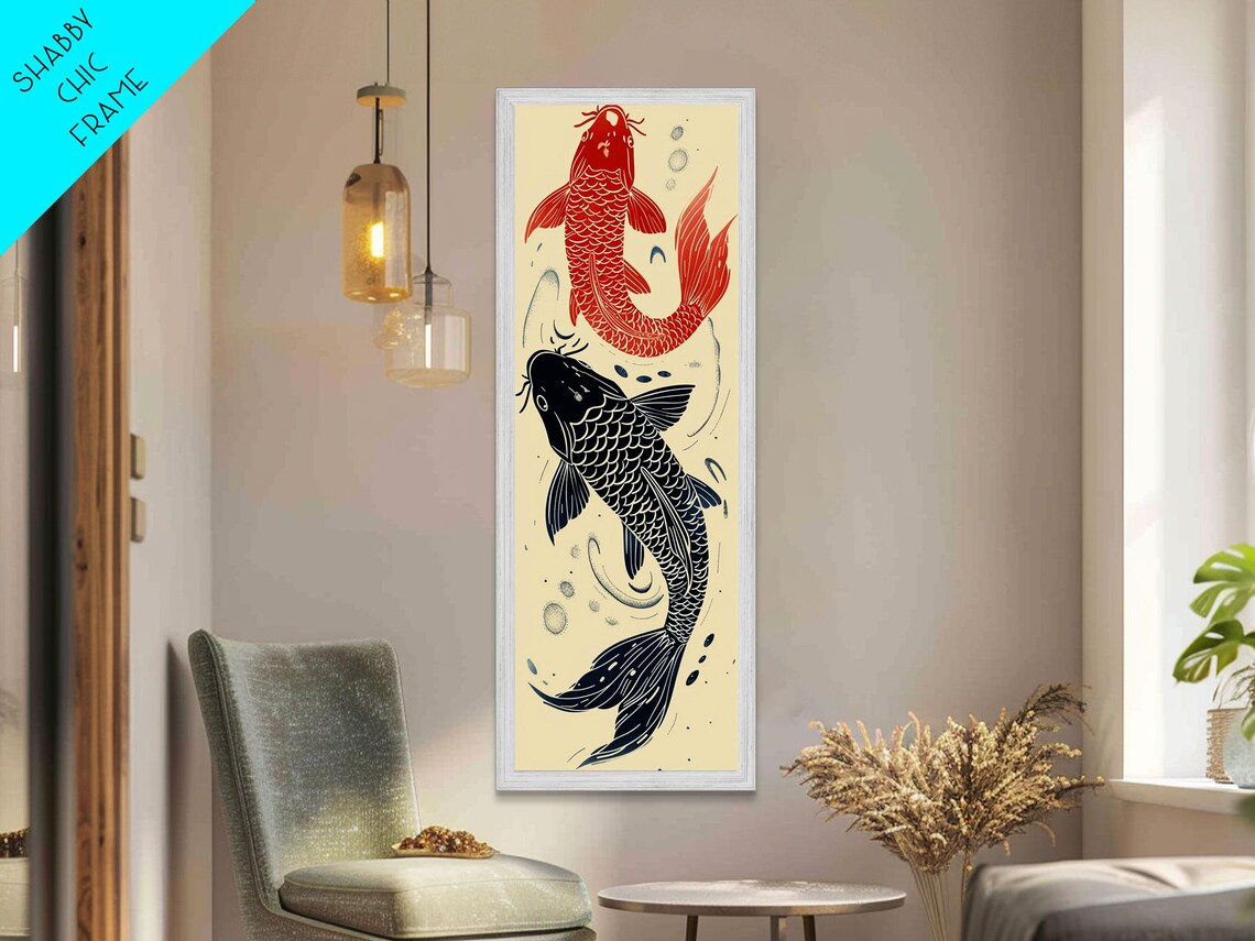 Pair Of Red Black Koi Fish Minimalist Cream Tall Japanese Art Print - Image 6