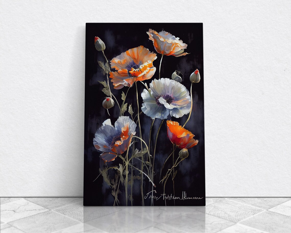 Orange White Poppy Flowers Moody Black Background Floral Oil Poster - Image 6