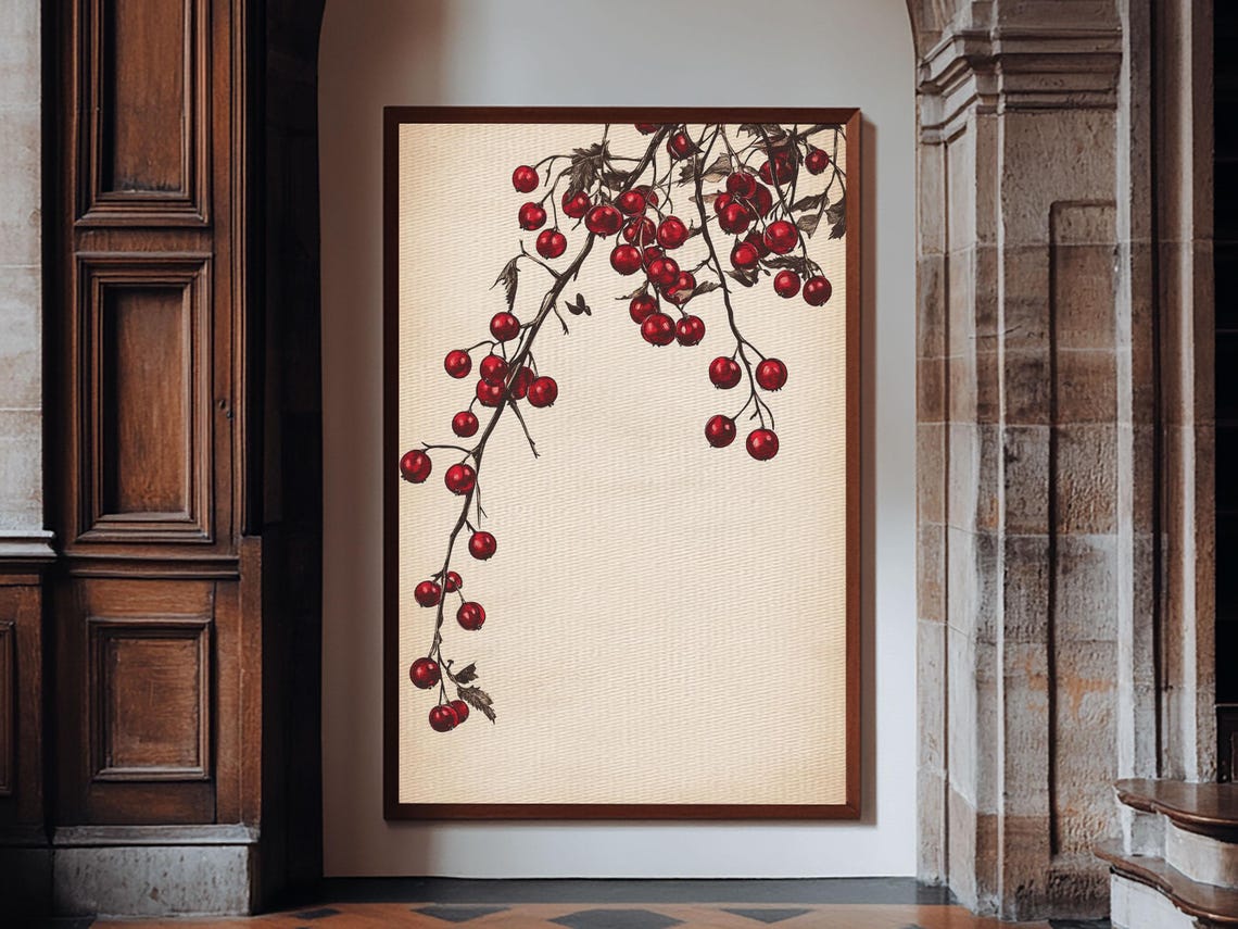 Red Holly Berries Branch Christmas Minimalist Botanical Wall Poster - Image 2