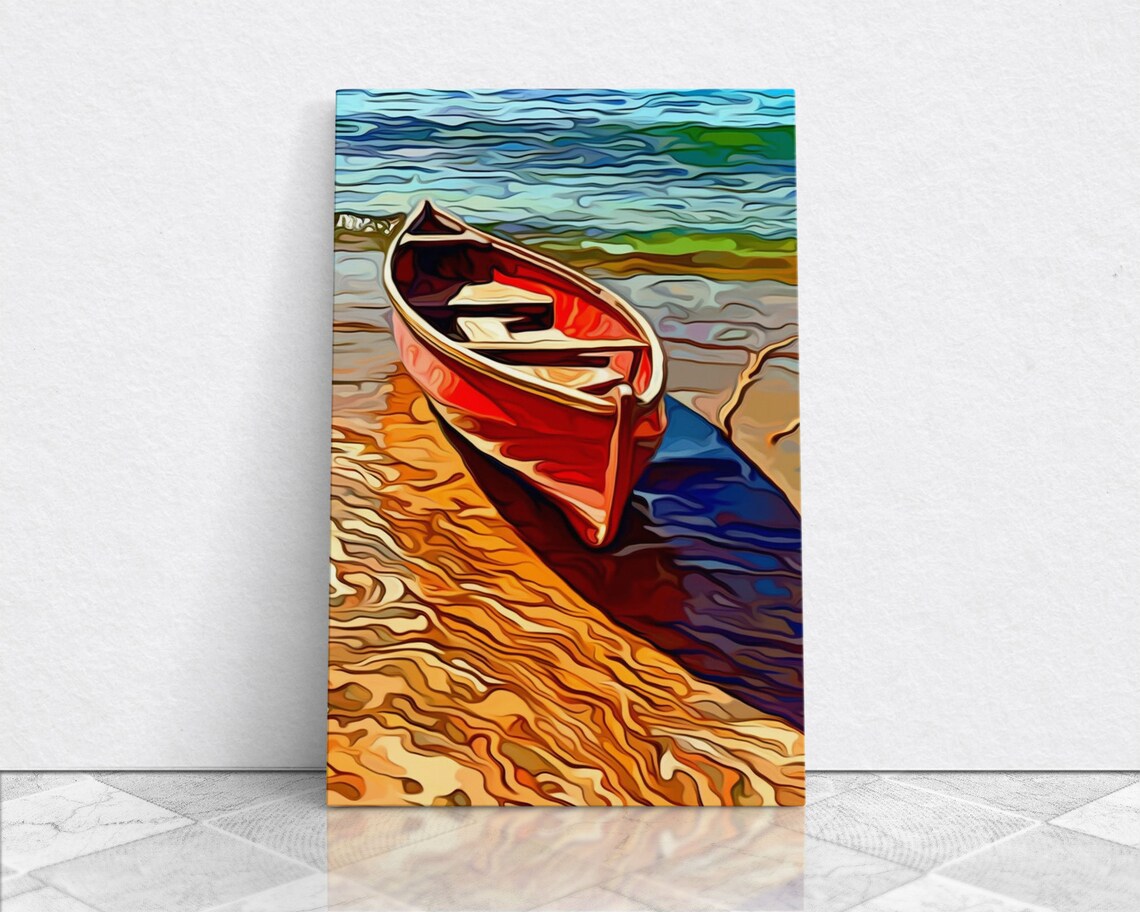 Abandoned Canoe On The Lake, Boho Oil Painting Art Print - Image 5