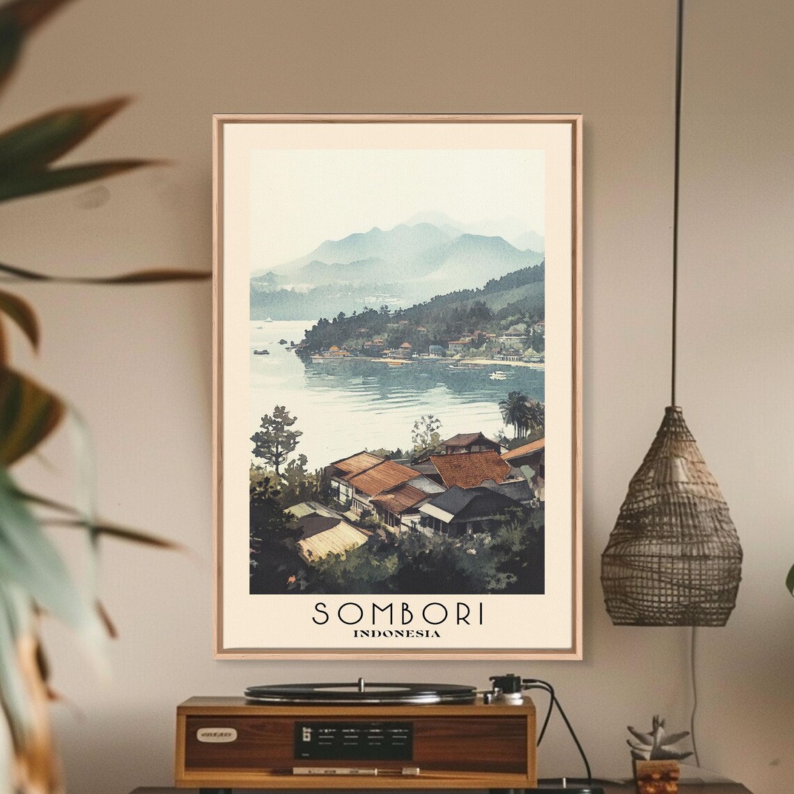 Sombori Indonesia Misty Lake Village Hillside Boats Watercolor Travel Poster - Image 2