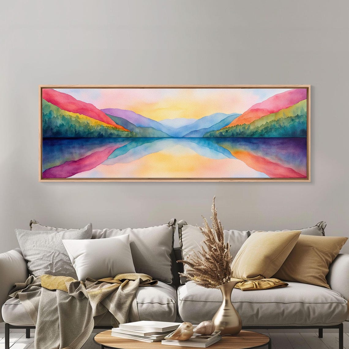 Rainbow Watercolor Mountain Lake Sunset Panoramic Colorful Poster - Image 2