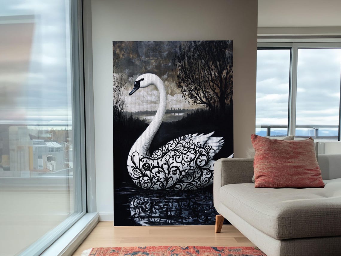 Elegant Gothic Black And White Swan Filigree Moody Lake Art Print - Image 6