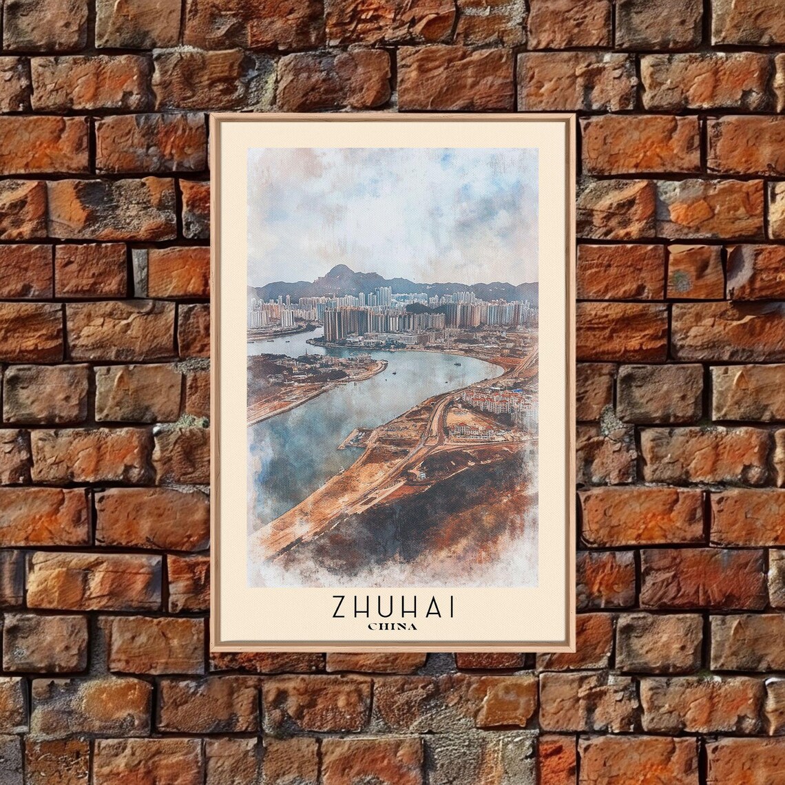 Zhuhai China Harbor Skyline Cityscape Watercolor Travel Poster