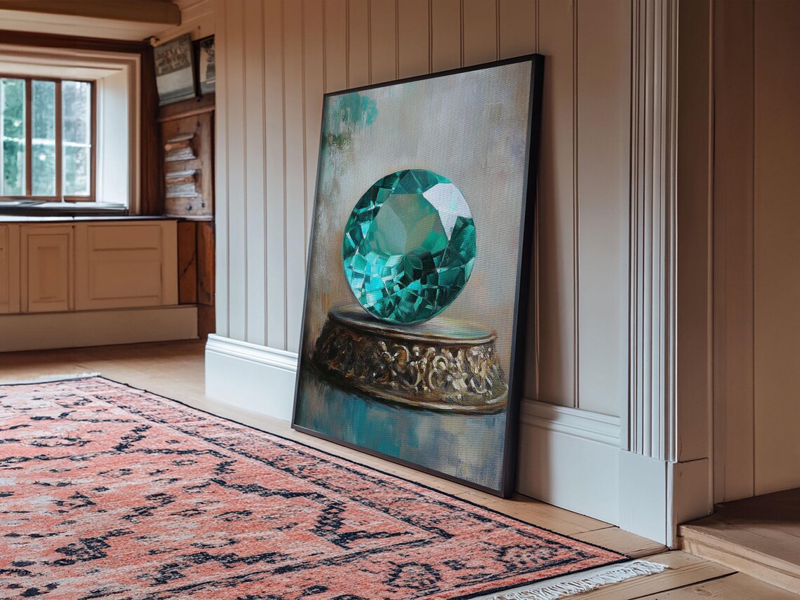 Emerald Green Faceted Gemstone Pedestal Jewel Painting Precious Wall Art - Image 6