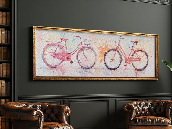 Retro Bicycle Print Pink Orange Wall Art Vintage Living Room Cottagecore Decor Whimsical Artistic Gift Bedroom Artwork