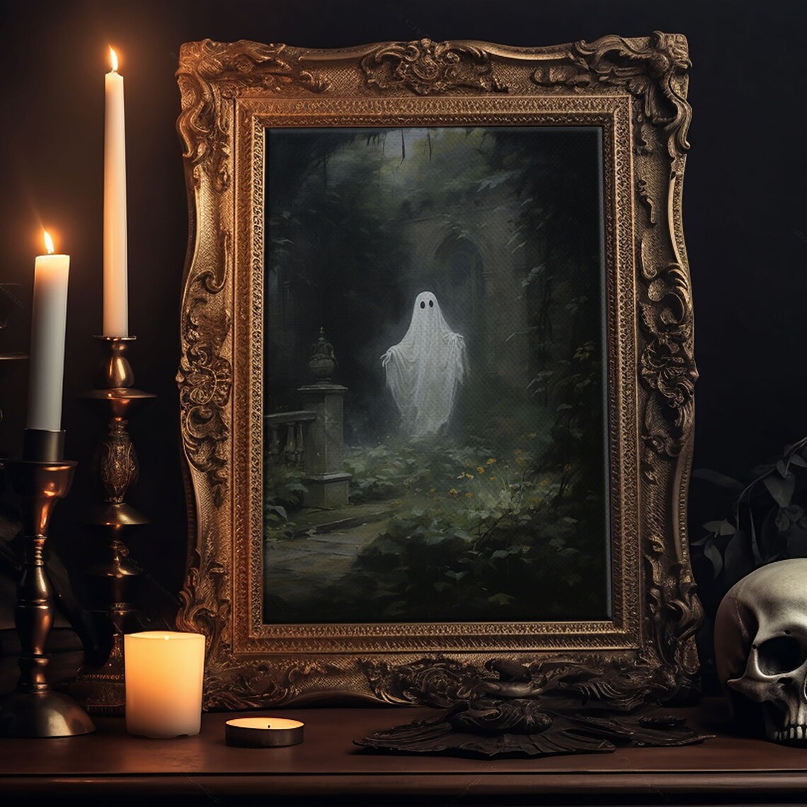 The Ghost In The Garden, Halloween Wall Art Print