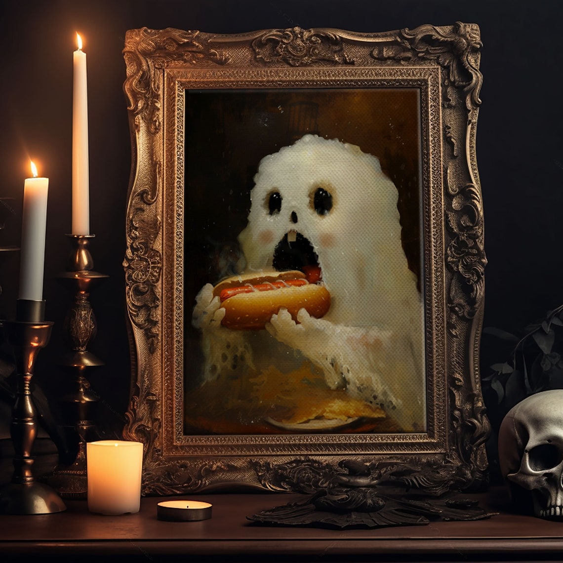 Cute Ghost Eating Hot Dog Funny Halloween Hungry Ghost Art Poster - Image 6