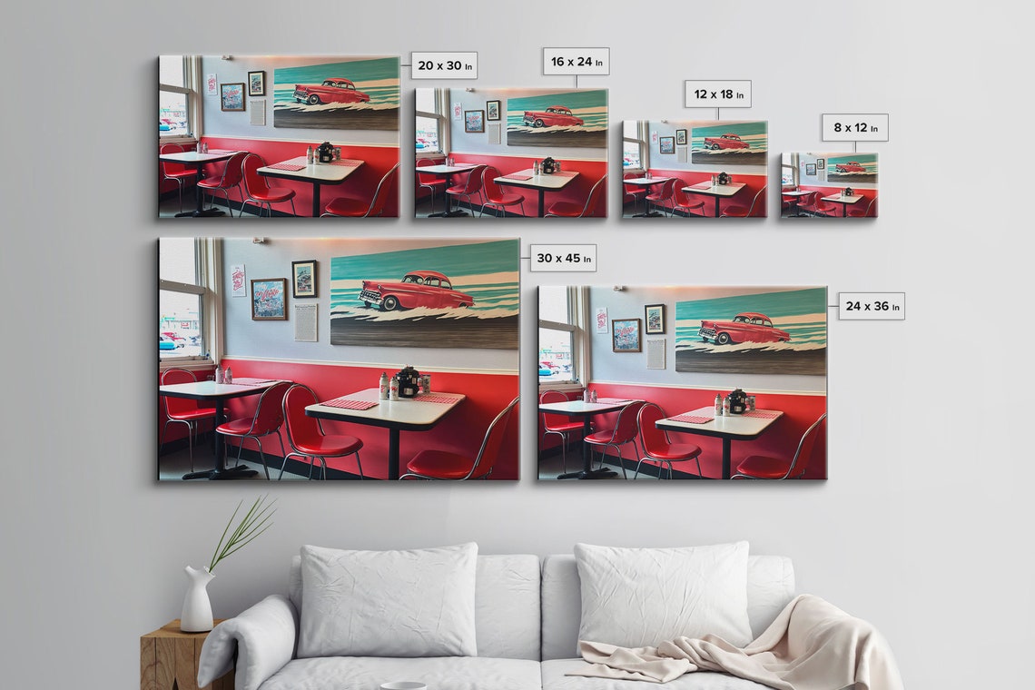 Retro American Diner Interior Red Booths Vintage Car Art Wall Poster - Image 2