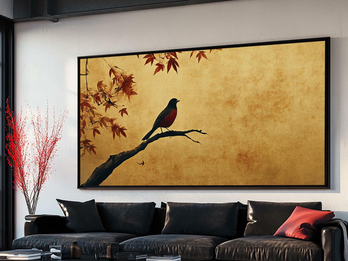 Autumn Maple Songbird Oil Painting Golden Fall Leaves Vintage Print - Image 3