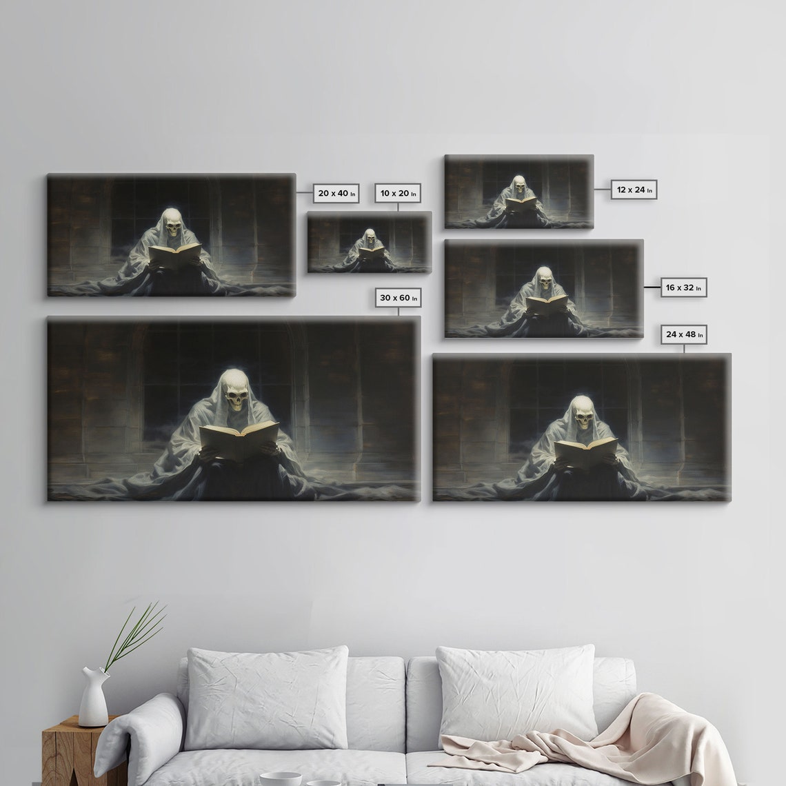Grim Reaper Reading Book In Moonlit Library Gothic Panoramic Print - Image 4