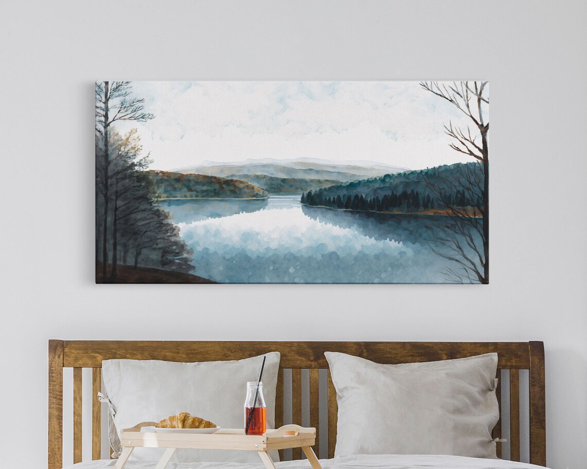 Blue Lake Landscape Art Print, Lake House Decor
