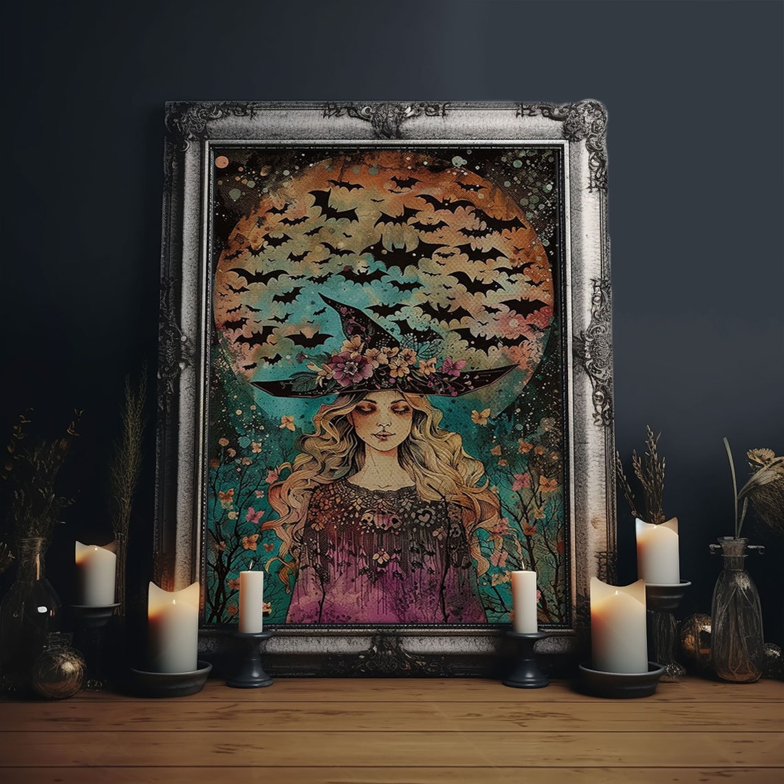 Blonde Witch With Bats Under Full Moon Floral Hat Illustration Poster