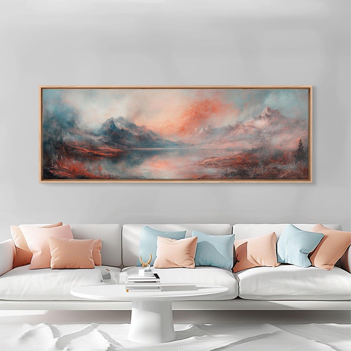 Moody Coral Blush Mountain Lake Mist Minimalist Landscape Poster - Image 5