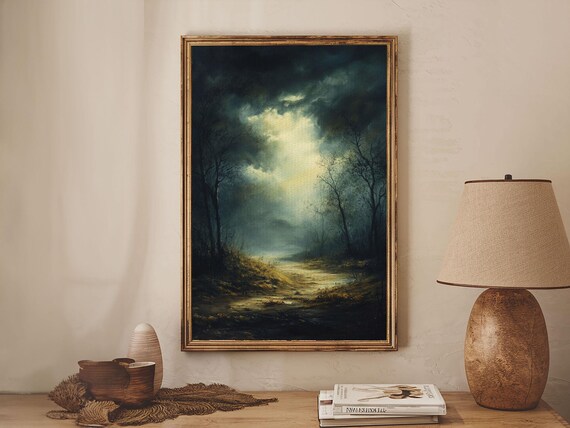 Forest At Dusk Framed Print With Moody Dark Romance Painting Fall Inspired Smoky Mountain Art Perfect Above Bed Wall Decor