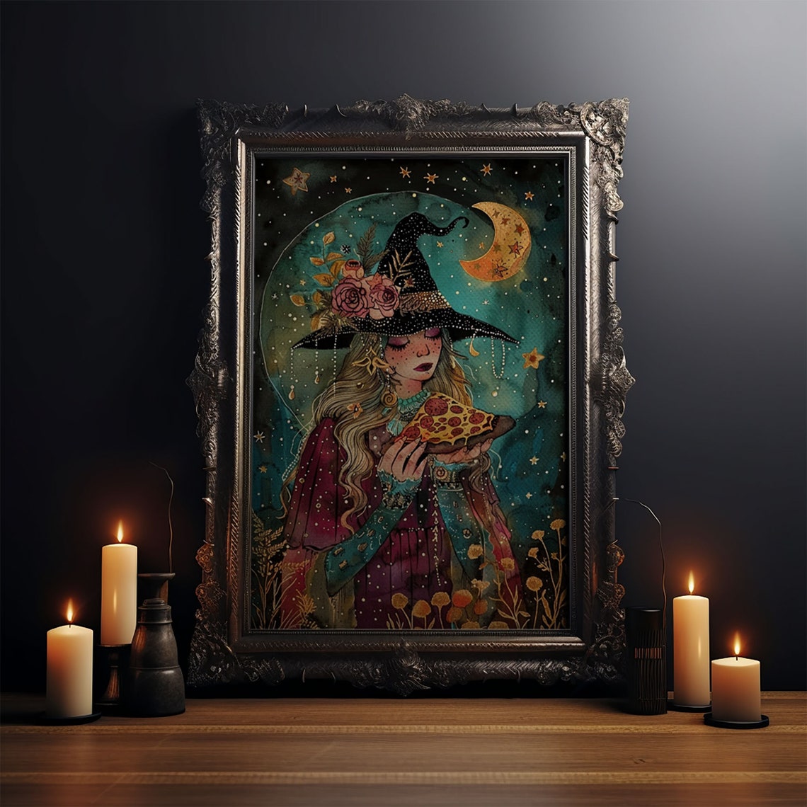 Cute Witch Eating Pizza Moonlit Starry Night Watercolor Art Poster - Image 4