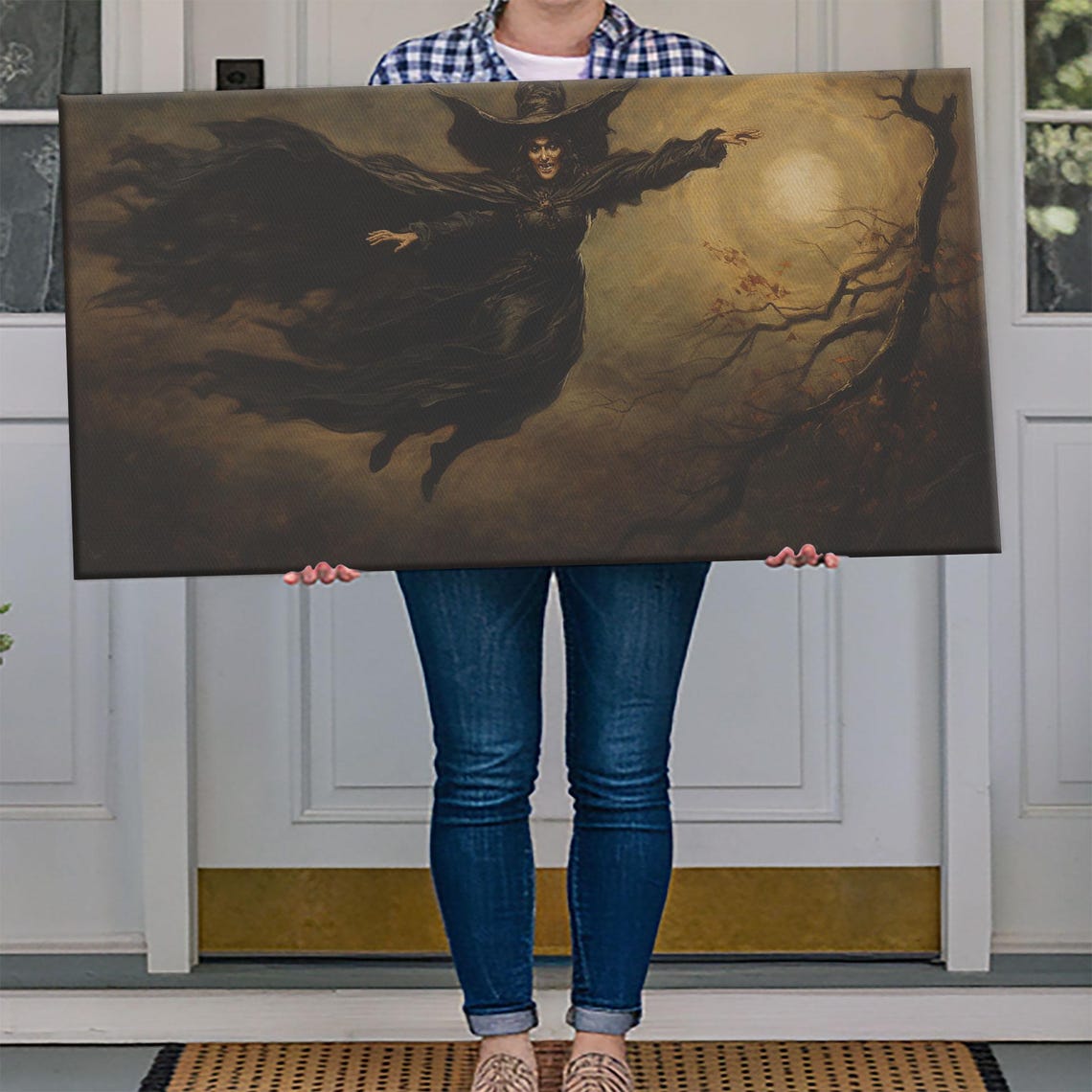 Flying Witch Swirling Stormy Night Sky Dark Cape Halloween Art Poster - Image 4