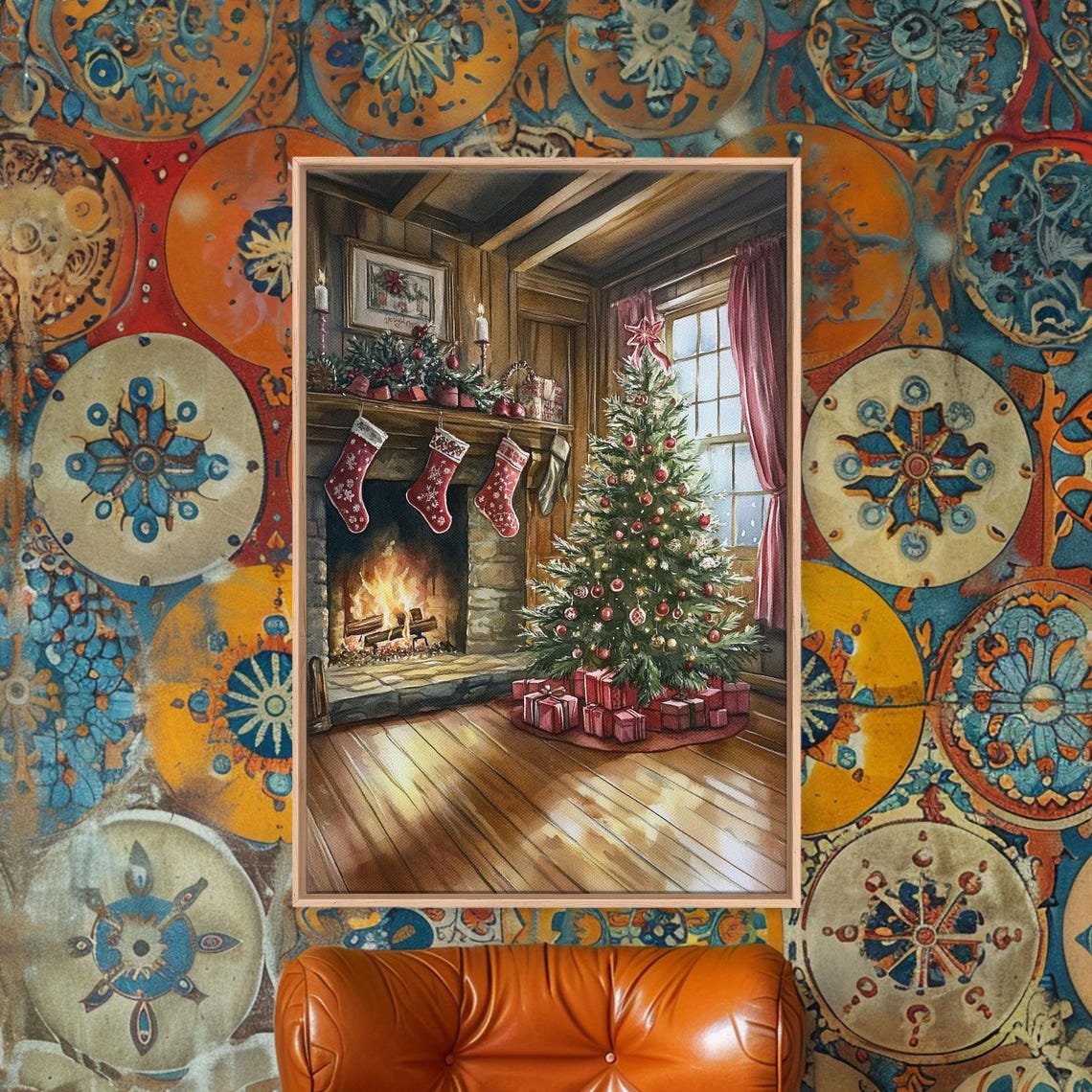 Cozy Farmhouse Christmas Interior With Tree Stockings Fireplace Poster