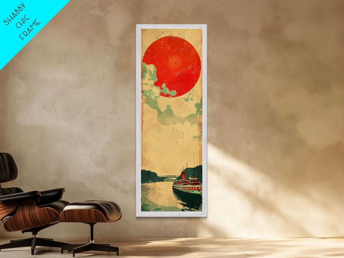Large Red Sun Over River Japanese Art Inspired By Ukiyo E Framed Print For Tall Skinny Wall Spaces - Image 5
