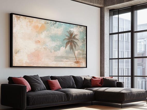 Distressed Painting Print Of A Lone Palm Tree On A Beach Framed Print Retro Nautical Landscape Painting Beach Wall Art Beach Print
