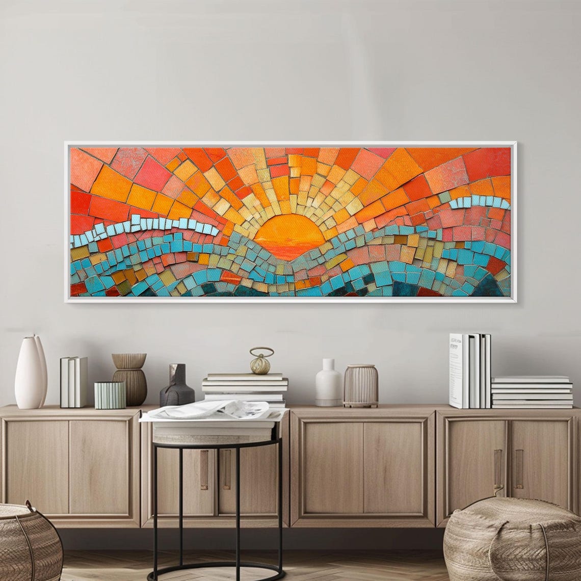 Sunset Mosaic Tiles Print Retro Home Decor Mcm Style Wall Art Above Sofa Art Mosaic Artwork - Image 3