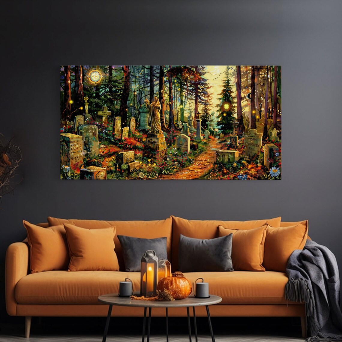 Colorful Haunted Graveyard Spring Flowers Moonlit Forest Halloween Print - Image 3