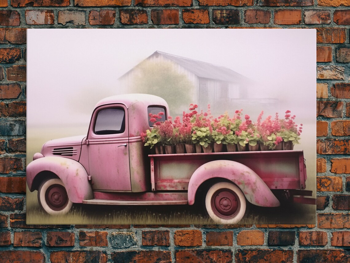 Pink Vintage Pickup Truck With Flowers Misty Barn Farmhouse Art Print - Image 5