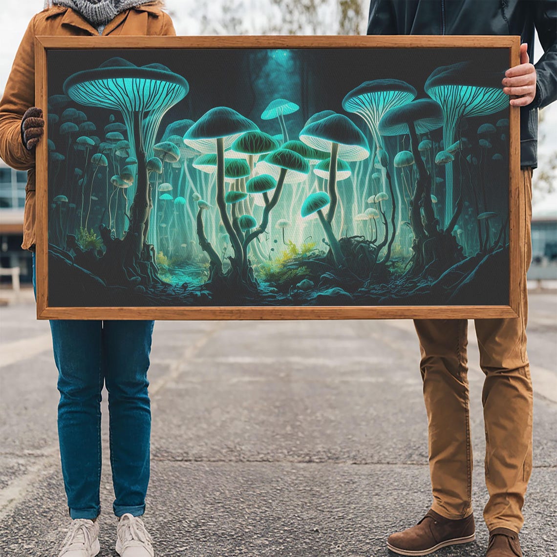 Glowing Bioluminescent Mushrooms Dark Forest Floor Teal Fantasy Poster - Image 3
