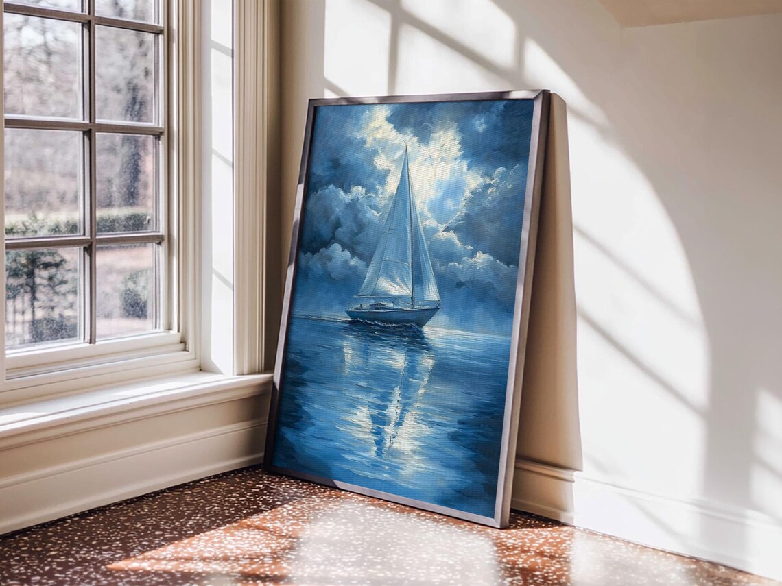 Sailboat Under Full Moon Night Sea Reflection Blue Painting Wall Art Print - Image 5