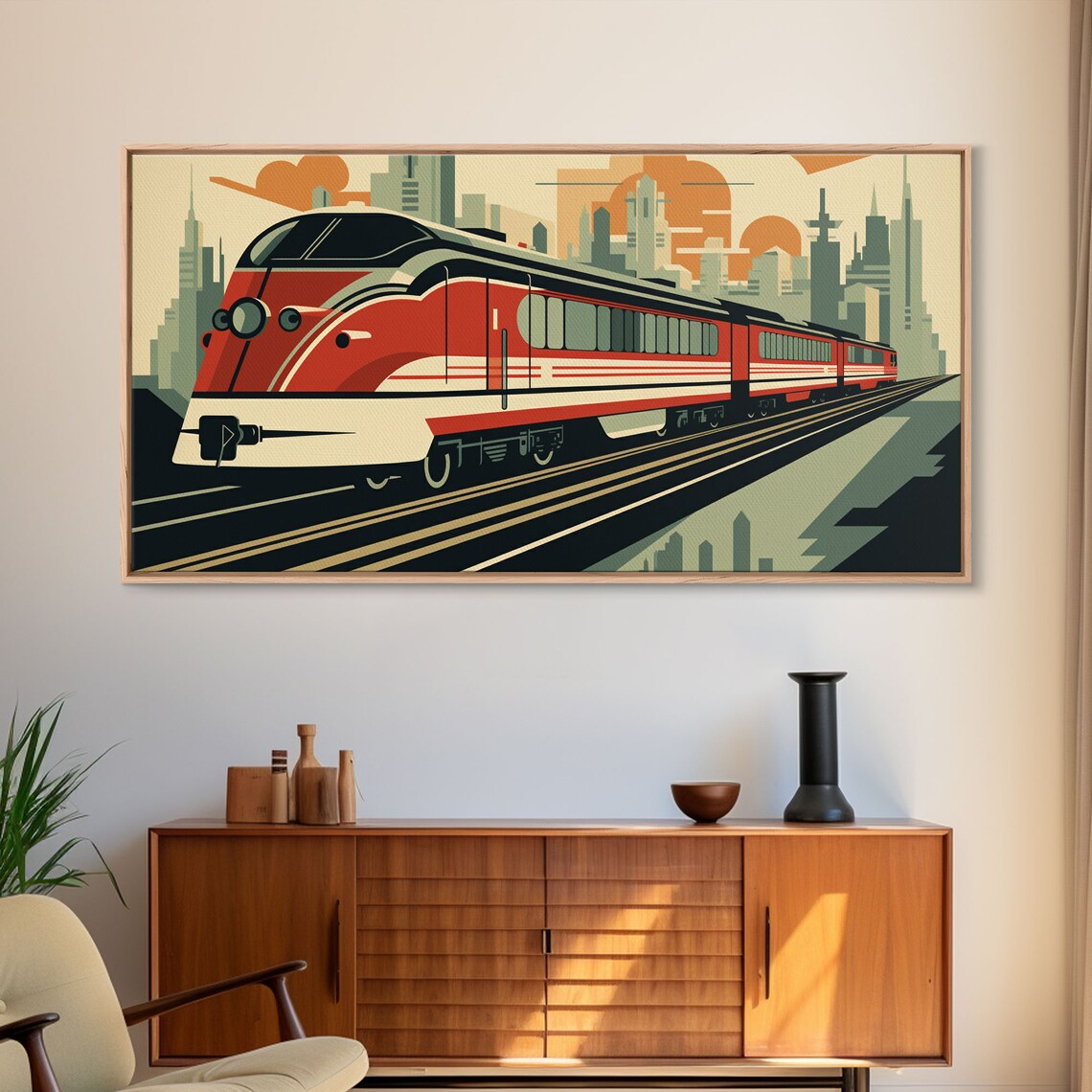 Vintage Red Streamliner Train City Skyline Retro Travel Poster