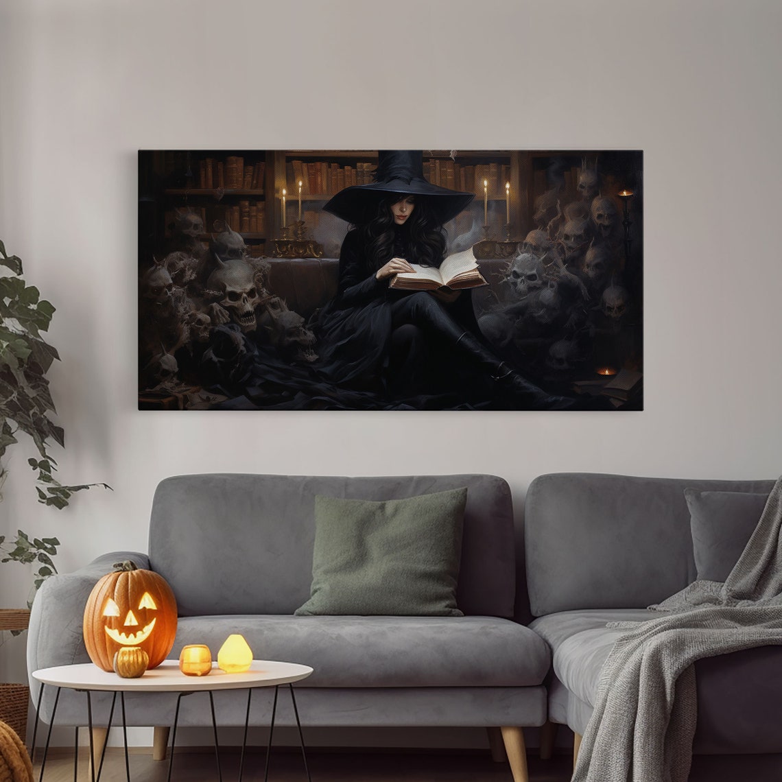 Witch Reading Spell Book In Library Of Skulls Gothic Panoramic Print - Image 3