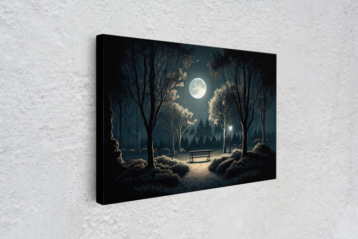 Snow Covered Park At Midnight, Full Moon Watercolor Art Print - Image 4