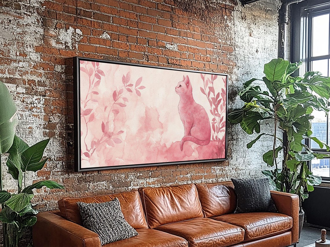 Blush Pink Cat Watercolor With Botanical Leaves Minimalist Wall Poster - Image 6