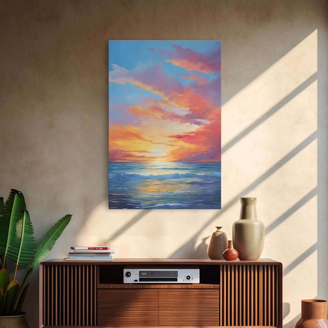 Ocean Sunset Vibrant Orange Pink Clouds Waves Seascape Art Poster - Image 3