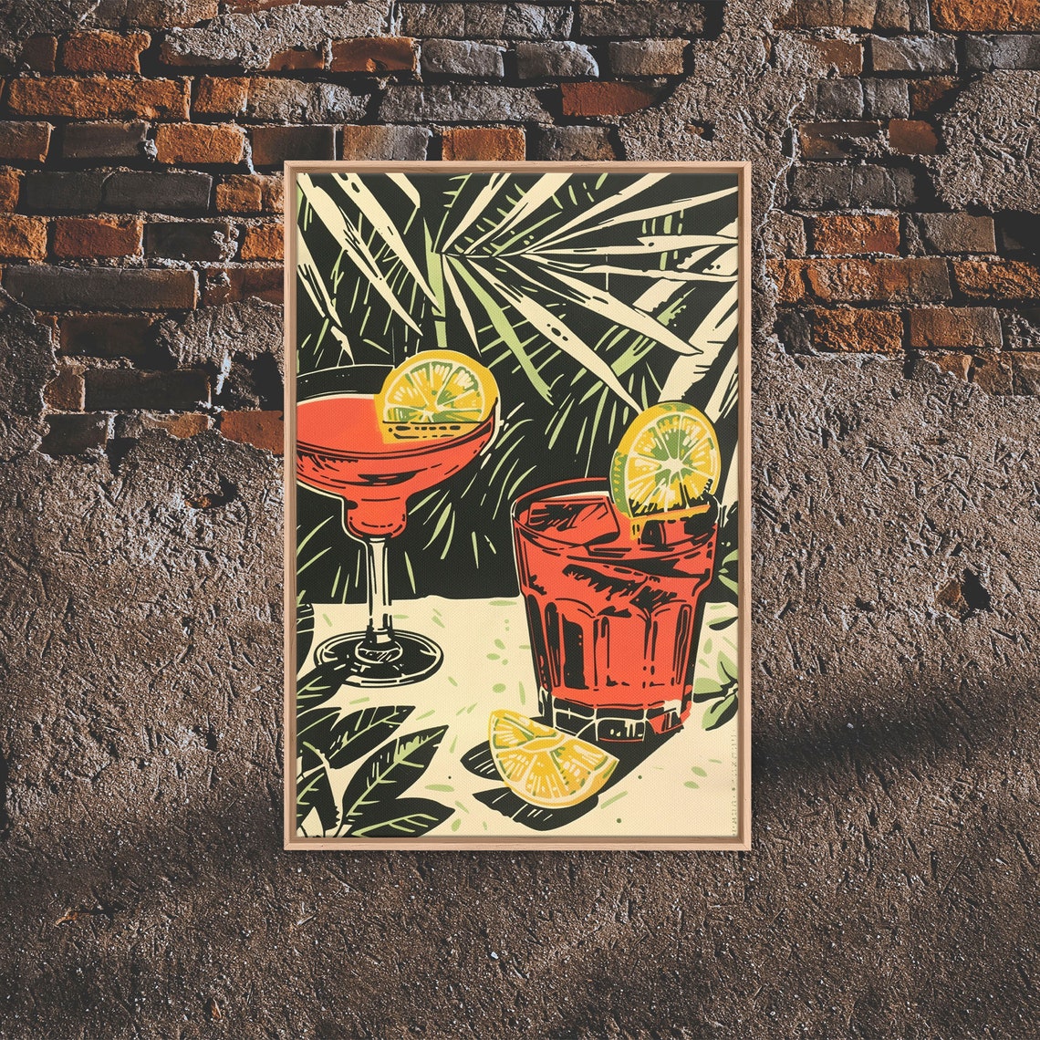 Retro Tropical Red Cocktails Palm Fronds Woodblock Style Bar Poster - Image 5