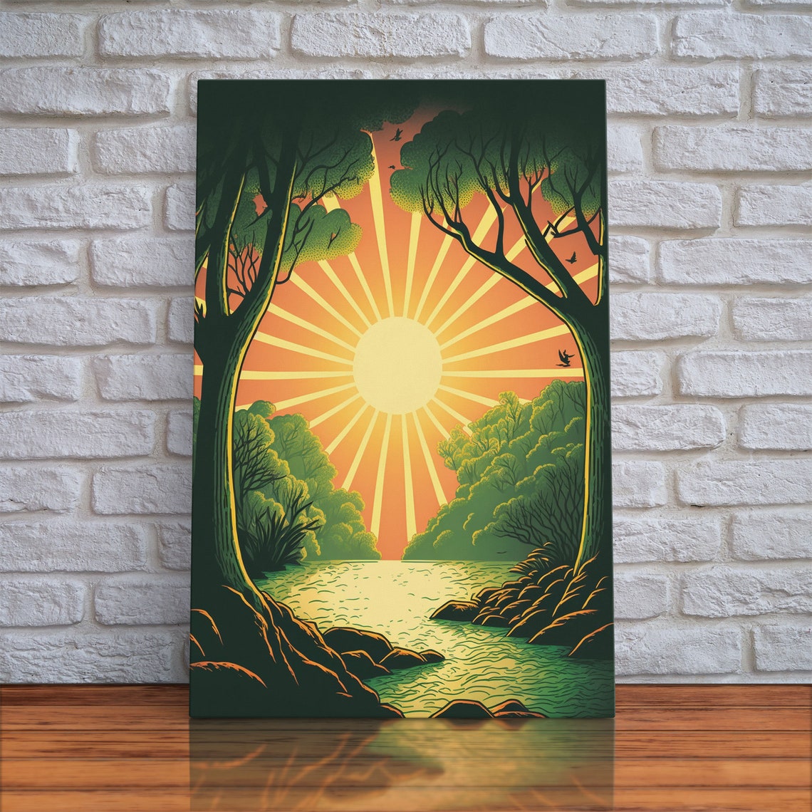 Retro Sunrise Radiant Sunburst Through Trees River Landscape Poster - Image 5