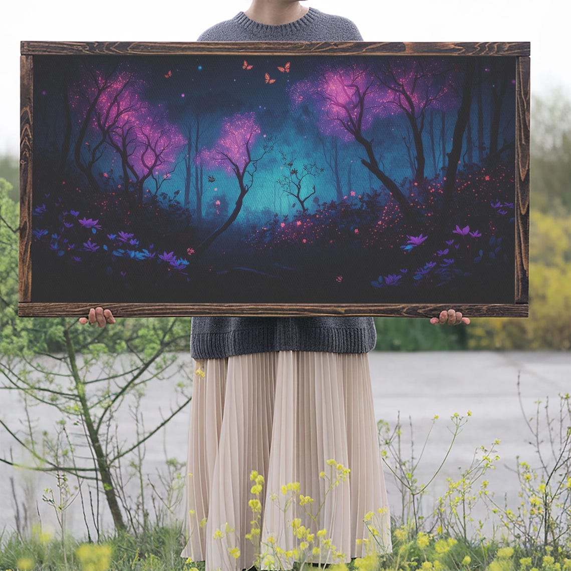 Glowing Purple Trees Night Fantasy Forest Butterflies Mystical Poster - Image 2