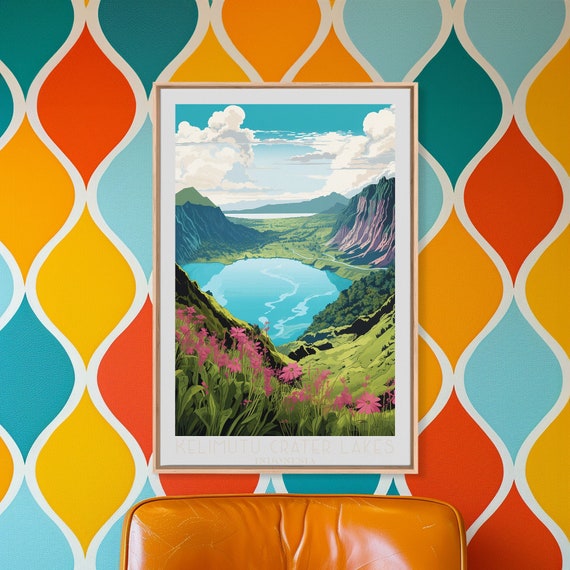 Kelimutu Crater Lakes Original Wall Art Travel Poster Gift For Travel Lover Vacation Gift Indonesia Wall Art Home Decor Original Art