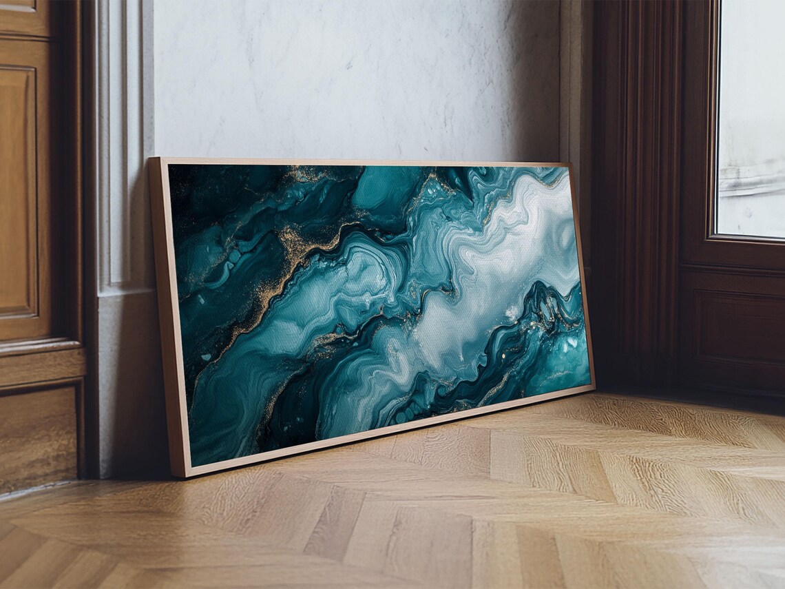 Teal Marble Fluid Abstract Gold Vein Coastal Moody Living Room Wall Art Print - Image 4